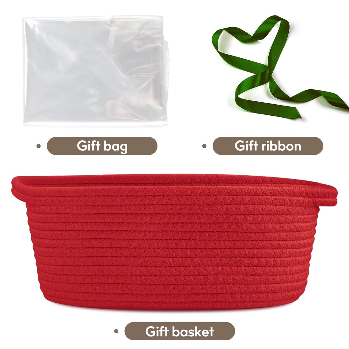 Pro Goleem Small Woven Basket with Gift Bags and Ribbons Durable Baskets for Mothers Day Gifts Empty Small Rope Basket for Storage 12"X 8" X 5" Baby Toy Baskets with Handles, White
