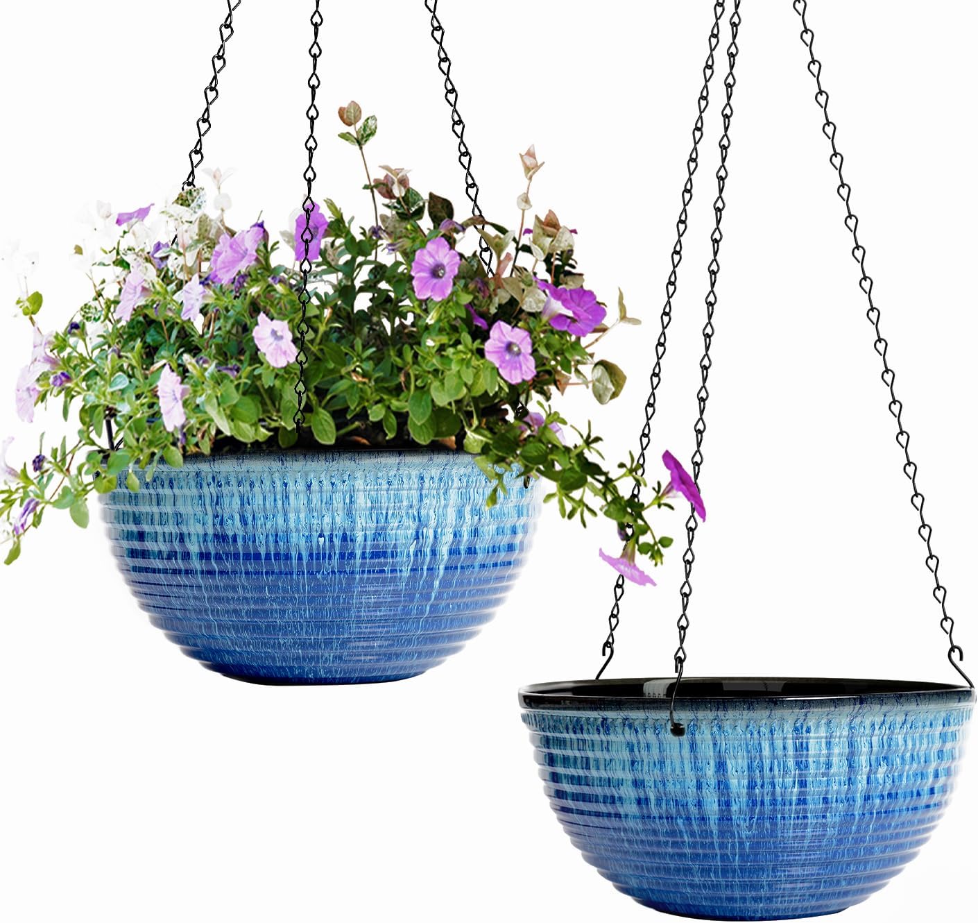 Vanslogreen 2 Pack Hanging Planters for Indoor Outdoor Plants, 10 Inch Hanging Planter with Drainage Hole & Plug Glazed Hanging Baskets Flower Pots for Garden Home (Blue)