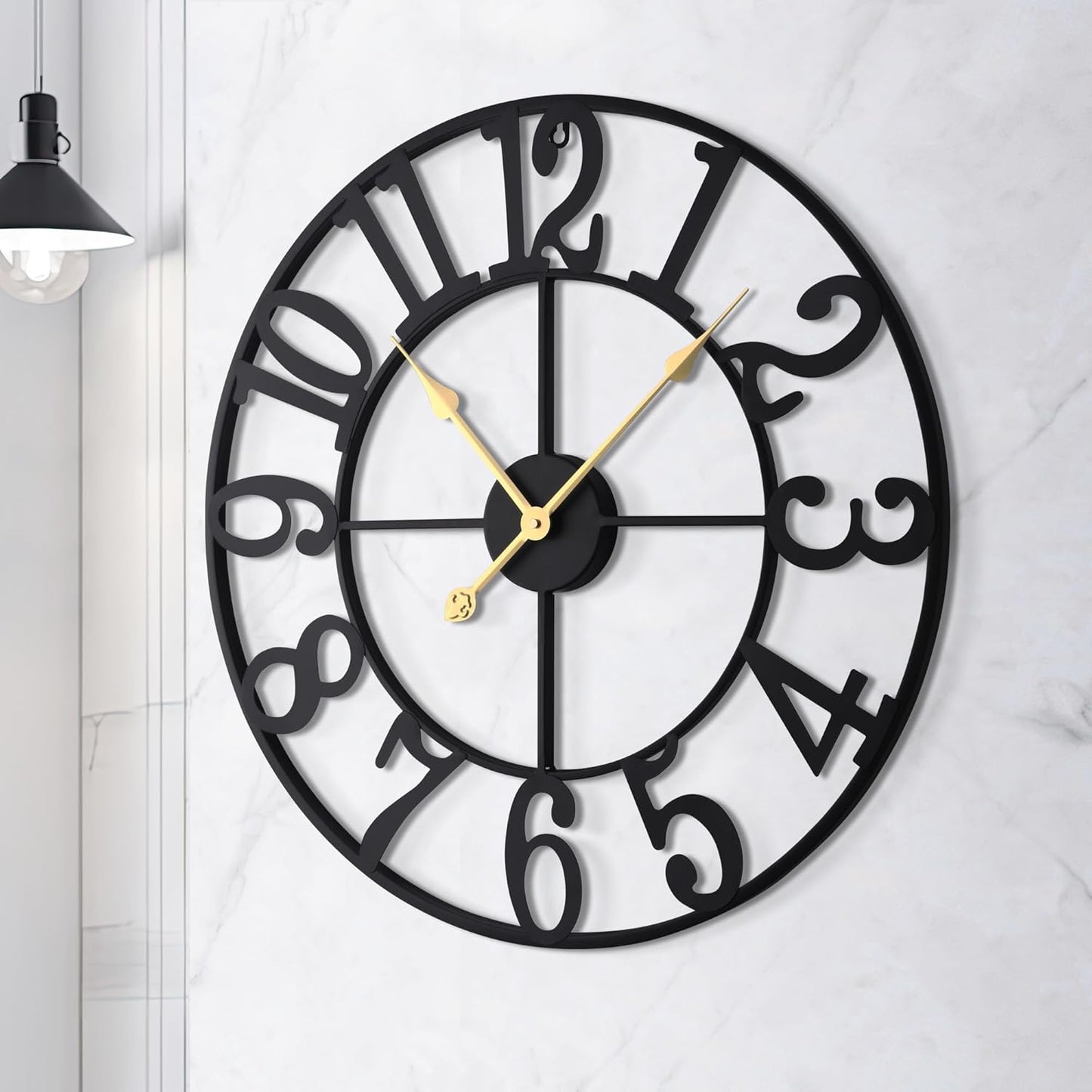 LEIKE 16" Large Wall Clocks Battery Operated, Round Modern Silent Non-Ticking Black Metal Wall Clock for Living Room Decor, Bedroom Kitchen (40cm Diameter, Black Roman Number)