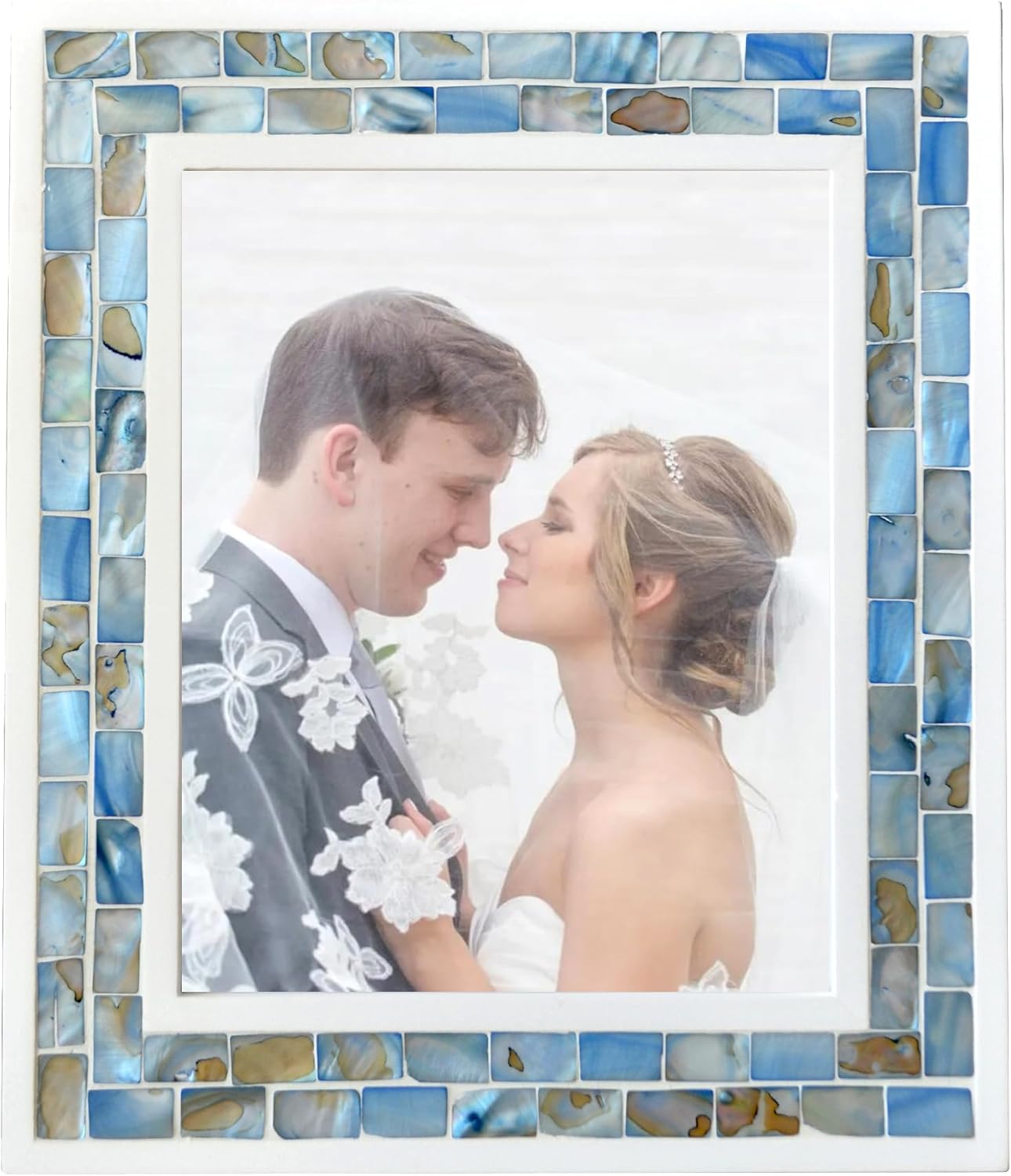 Silver Plate Picture Frame 5x7 Mother of Pearl 5 by 7 Photo Frame Mosaic Glass Tabletop Frame (Grey+ White,1pc)