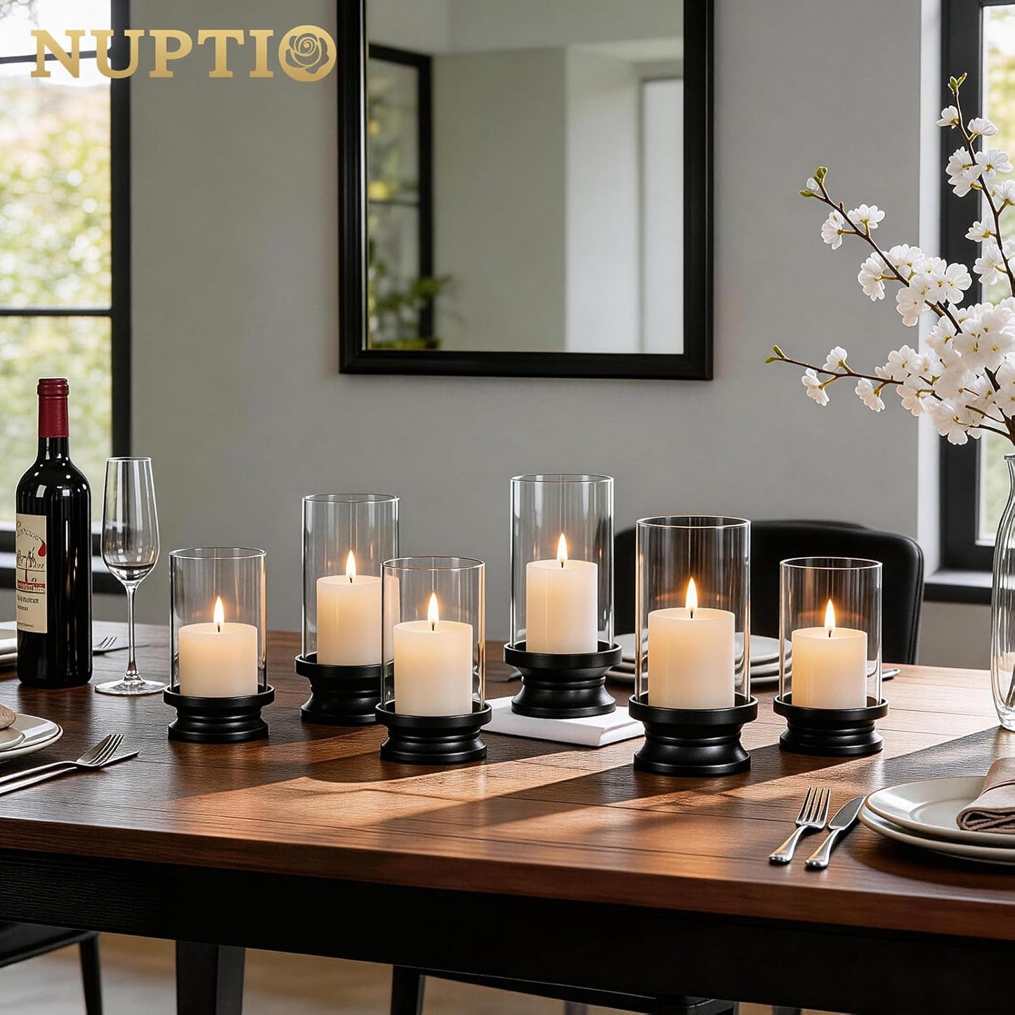 NUPTIO Hurricane Candle Holder Gold: Pillar Candle Holders with Clear Glass Sleeve - Set of 2 Decorative Brass Metal Pillars Stand for Dining Table Centerpiece Shelf Fireplace Mantel Decor