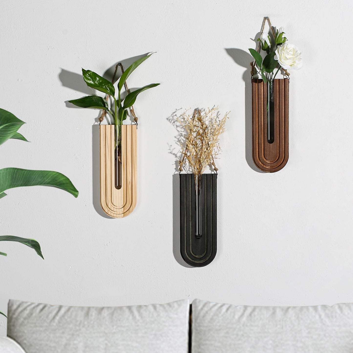 Dnnnii 2 Pack Wooden Wall Vase Set - Brown Finish Modern Farmhouse & Boho Wall Decor for Entryway, Hallway, Bathroom, Living Room, Dining Room, Narrow Spaces