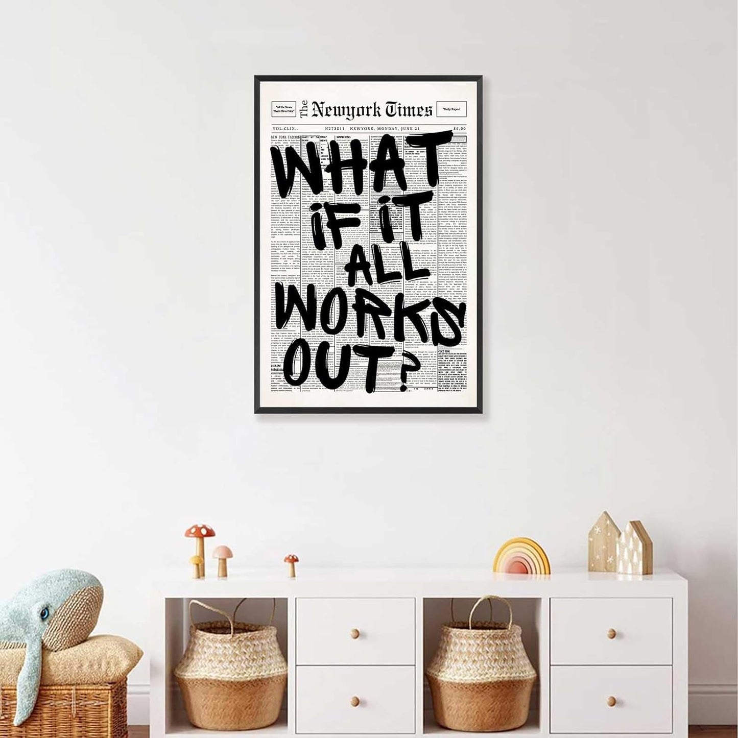 Retro Black And White Newspaper Poster What If It All Works Out Canvas Wall Art Positive Affirming Quote Minimalist Prints Painting For Home Bedroom Dorm Wall Decor 12x16in Unframed