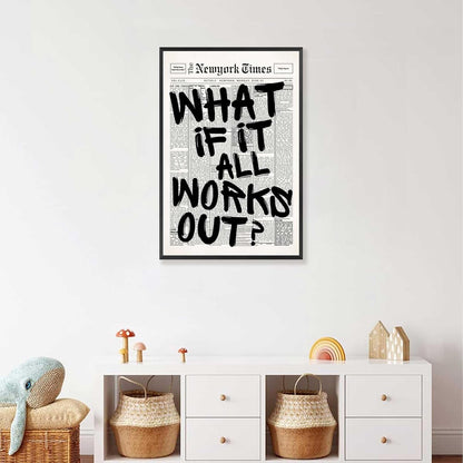 Retro Black And White Newspaper Poster What If It All Works Out Canvas Wall Art Positive Affirming Quote Minimalist Prints Painting For Home Bedroom Dorm Wall Decor 12x16in Unframed