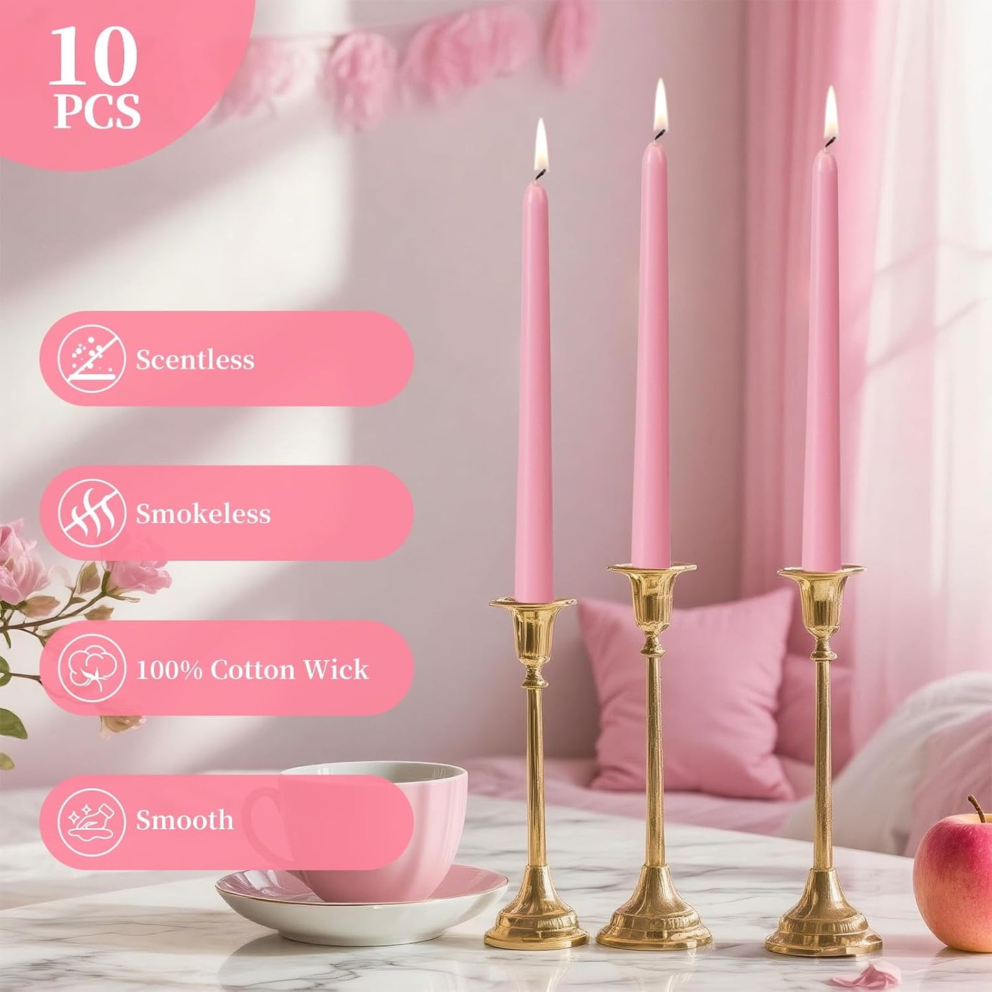 KONNI 0.87×10 Inch Ivory Taper Candles, Unscented and Smokeless Tall Candlesticks, 10 Pack Tapered Candles with Cotton Wicks, Long Burning, Ideal for Weddings, Dinner Parties, and Home Décor