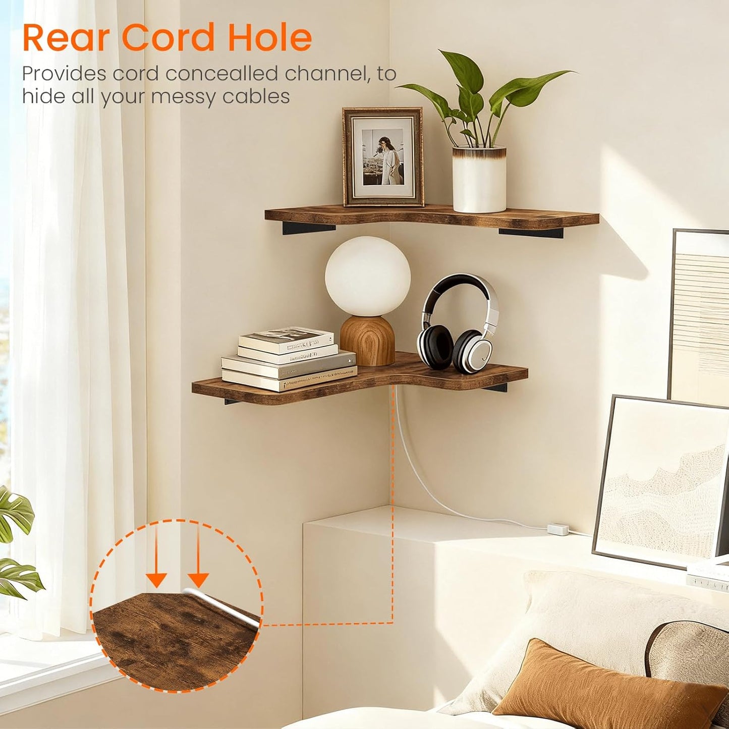 Homode Corner Floating Shelves, Set of 3 Corner Wall Shelves with Wire Hole, L-Shaped Wood Hanging Storage Shelf for Wall Decor, for Bathroom Kitchen Bedroom, White
