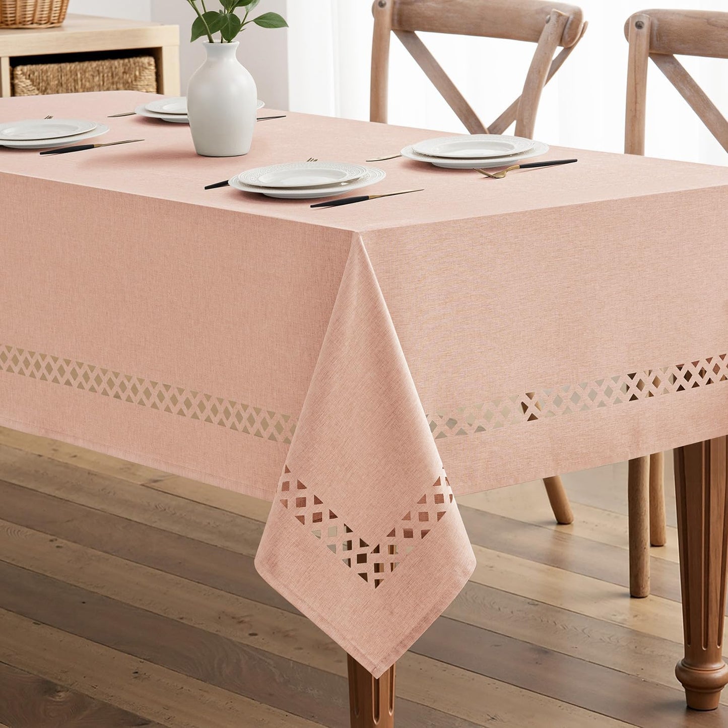 MIULEE Beige Rectangle Linen Polyester Tablecloth with Decorative Cutouts Spring Waterproof Stain Resistant & Shrink-Proof Table Cloth 52x70 inch Farmhouse Style for Dining Wedding and Outdoor
