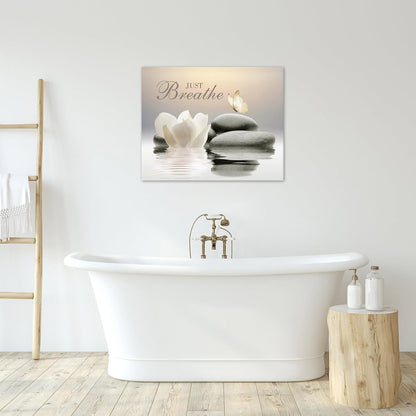EOBTAIN Zen Flower Canvas Wall Art Bathroom Butterfly and Water Lily Stone Relaxing Spiritual Yoga Framed Wall Art Just Breathe Pictures Canvas Wall Decor for Living Room Bedroom,12x16 Inches