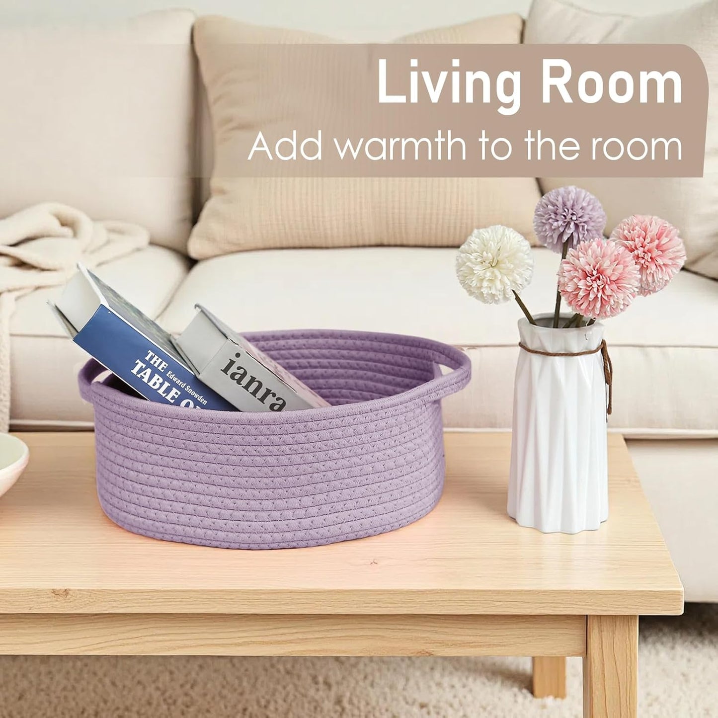 JMvicyroam Woven Basket,Small Rope Storage Bin with Handles & Ribbon Bag, Organizer for Shelves Closets,Gift Basket Empty for Birthday,Books,Dog Toys,White
