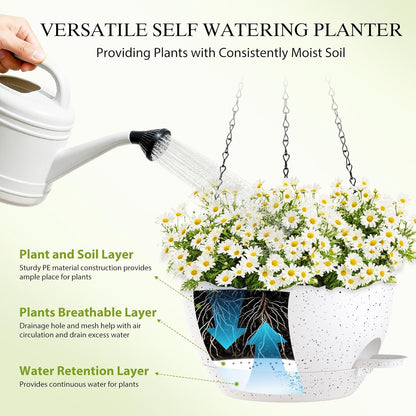 12 Inch Hanging Baskets 2 PC with Chains, Self-Watering Hanging Planters for Indoor Outdoor Plants, Plastic Hanging Flower Pots,Black