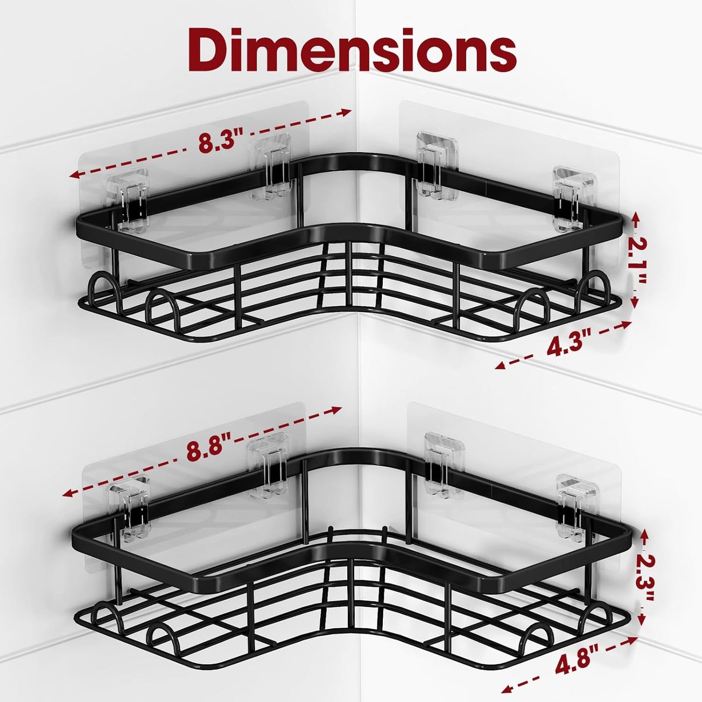 Sakugi Corner Shower Caddy - 2 Pack, Adhesive Shower Organizers, Rustproof Stainless Steel Shower Shelves with 8 Hooks, No Drilling Bathroom Organizers and Storage Racks, Space-Saving, Black, Medium