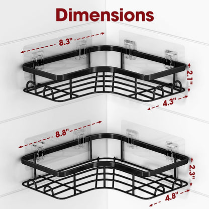 Sakugi Corner Shower Caddy - 2 Pack, Adhesive Shower Organizers, Rustproof Stainless Steel Shower Shelves with 8 Hooks, No Drilling Bathroom Organizers and Storage Racks, Space-Saving, Black, Medium