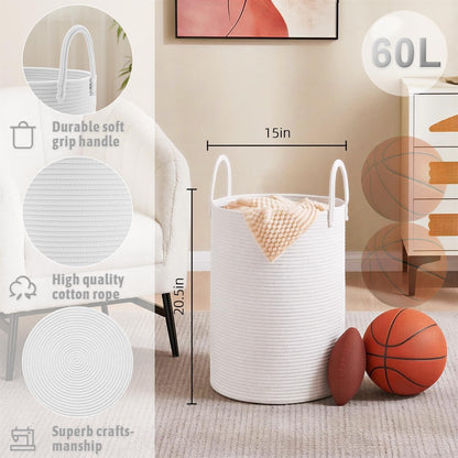 Artfeel Laundry Basket,Woven Cotton Rope Laundry Hamper,60L for Decor Storage of Dirty Clothes,Toys and Blankets in Bathroom,Baby Room and Living Room
