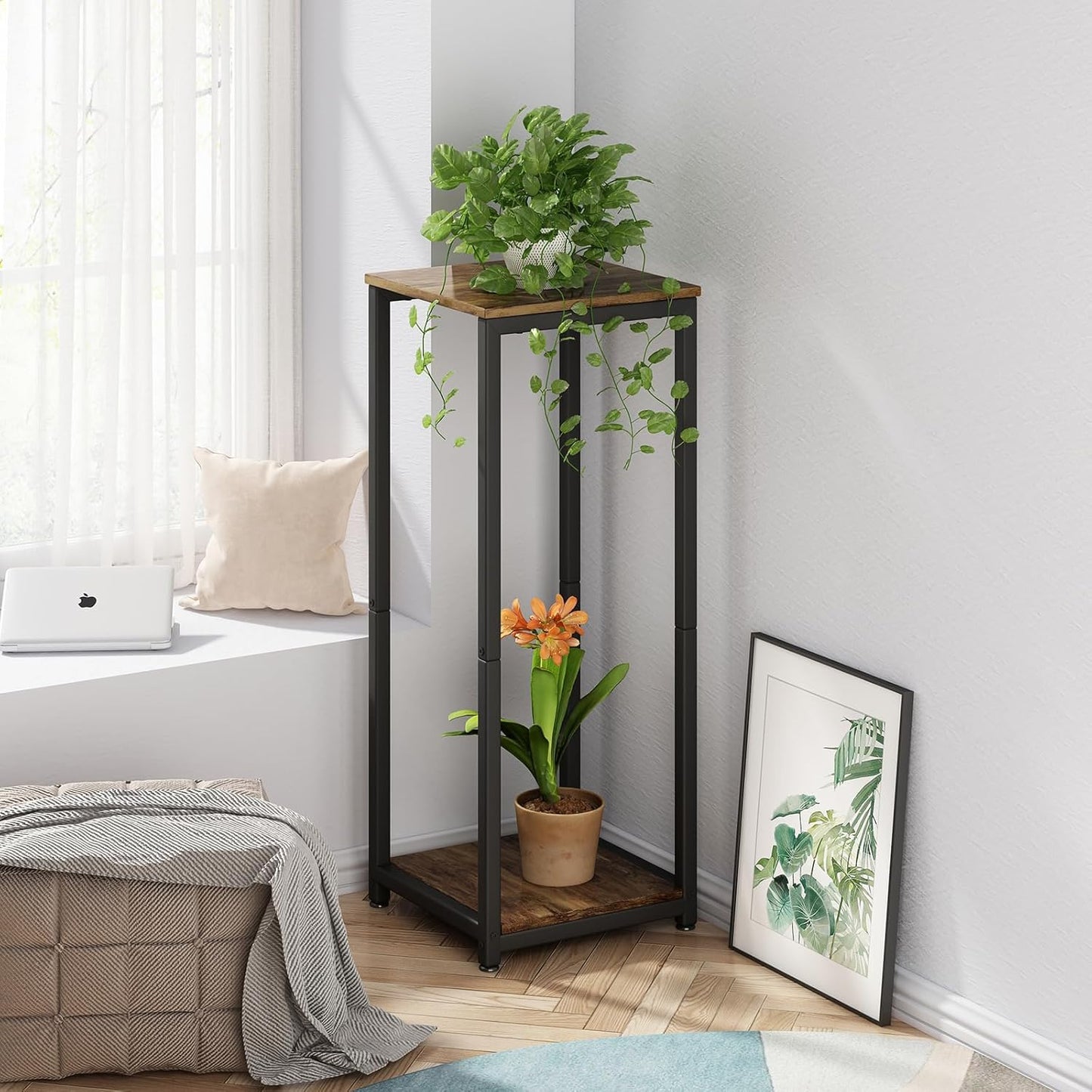 Plant Stand Indoor Corner Tall 2 Tier Metal Modern Flower Storage Plant Shelf Holder for Living Room Balcony Garden,Black (2 Tier-Black Round)