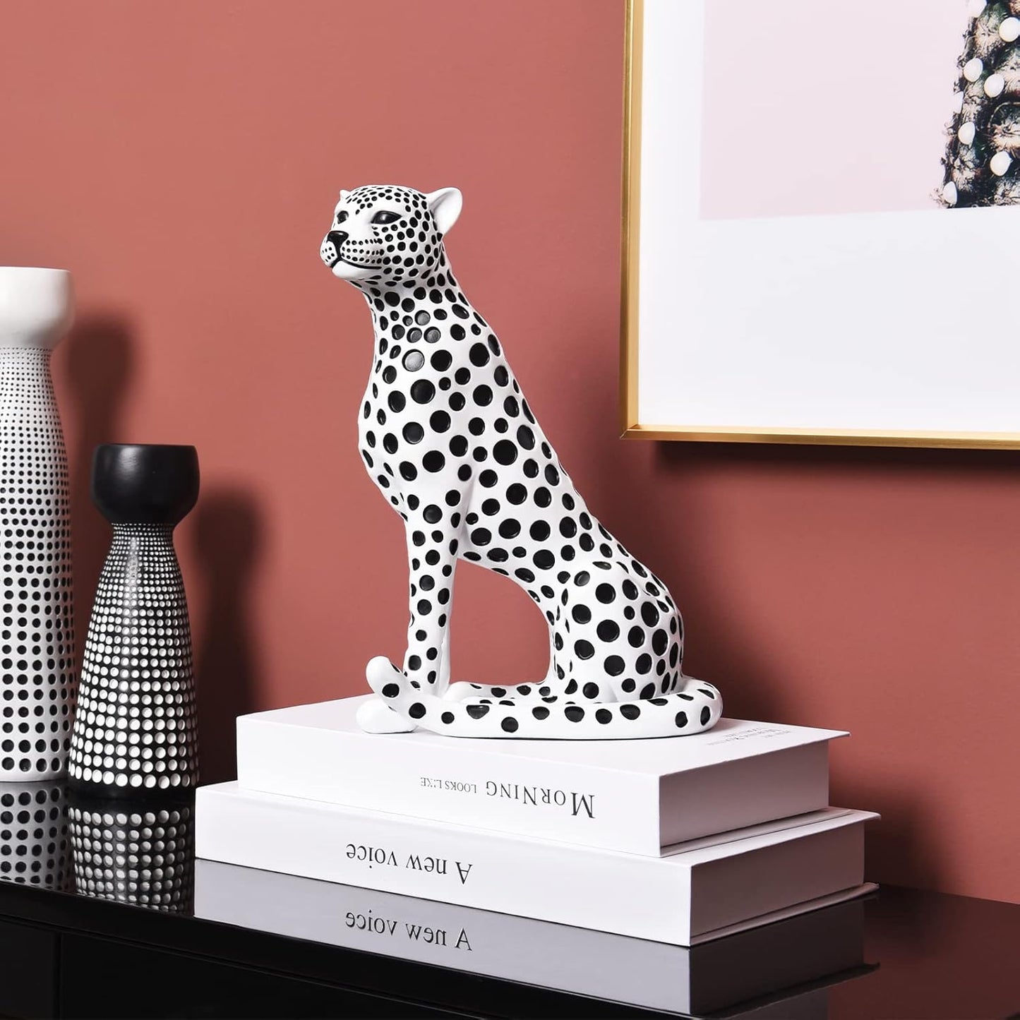Quoowiit Bird Figurine, Modern Sculpture and Statues for Home Decor, Animal Statues for Bookshelf, Table, Entryway, Fireplace, Resin Decorative Sculpture with Chic Polka Dots Art Design (White)