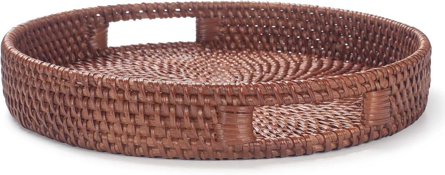 13.8 inch Round Rattan Tray, Decorative Coffee Table Tray, Ottoman Tray, Woven Serving Tray with Handles, Wicker Serving Basket, Whitewash