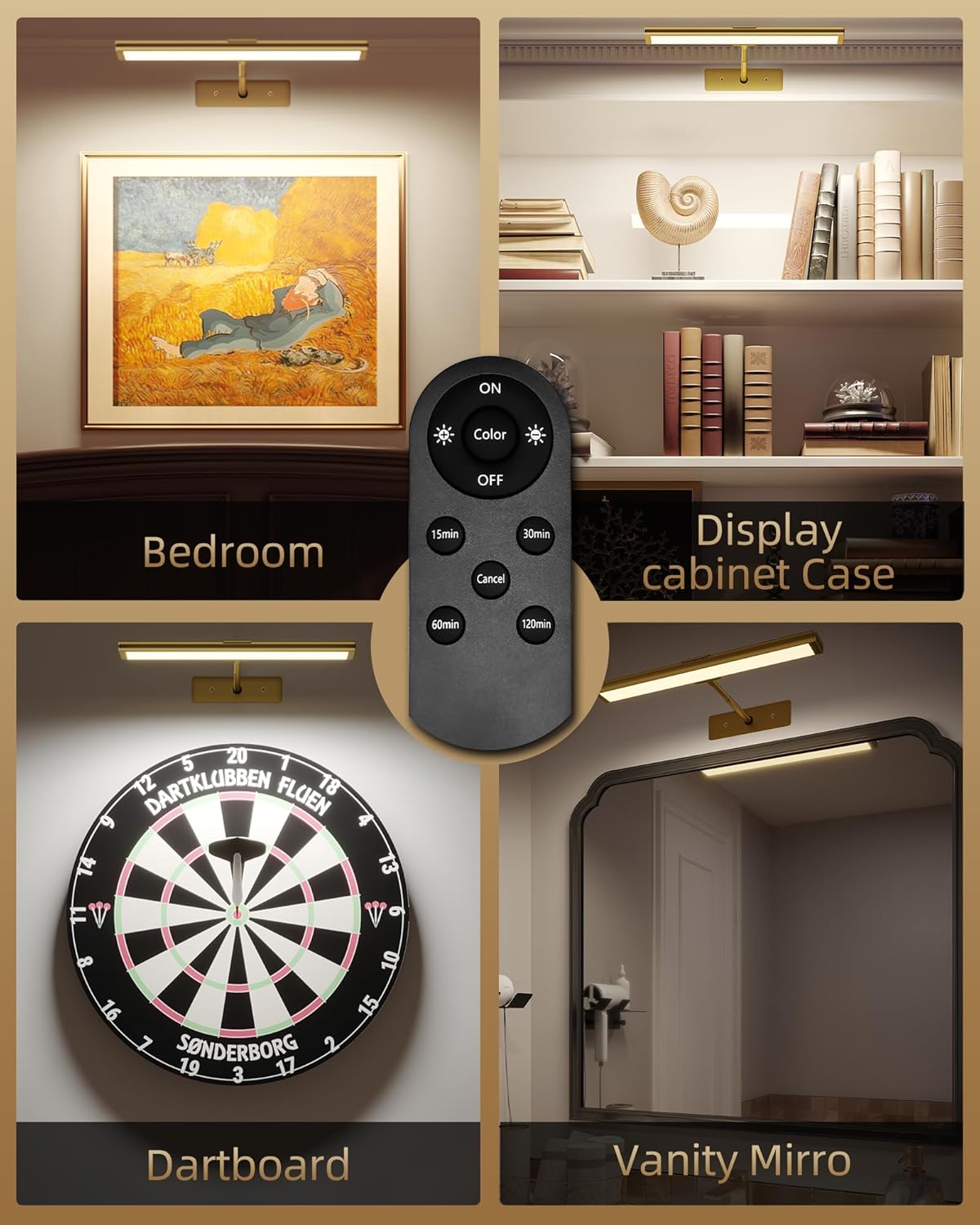 EZVALO Picture Light for Wall, 4800mAh Rechargeable Wireless Remote, 16in Dimmable Magnetic LED Art Display Light with 3 Color Temperatures, for Gallery, Living Room, Bedroom, Hallway (Gold)