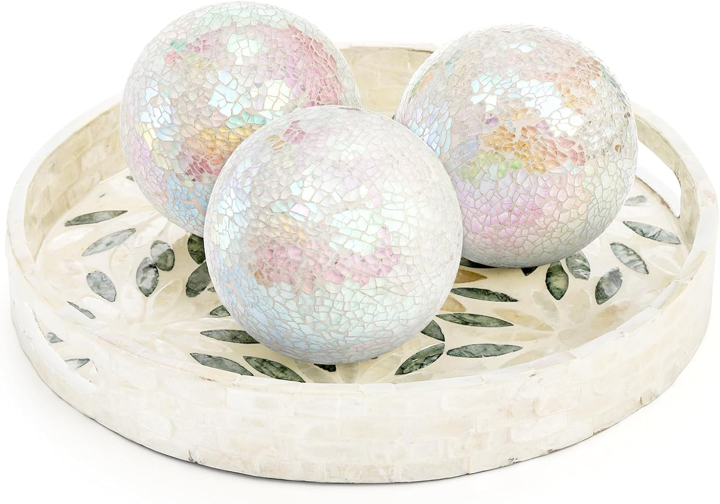 TOPZEA Set of 3 Decorative Balls, 4 Inch Glass Mosaic Orbs Sphere Bowl Fillers, Coffee Table Centerpiece Ball Ornaments for Living Room, Christmas, Holiday Party, White Home Decor