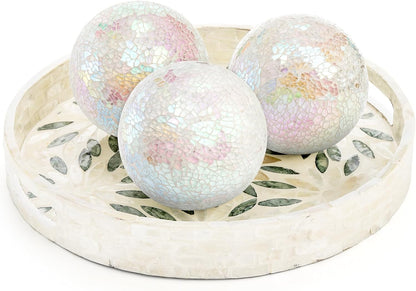 TOPZEA Set of 3 Decorative Balls, 4 Inch Glass Mosaic Orbs Sphere Bowl Fillers, Coffee Table Centerpiece Ball Ornaments for Living Room, Christmas, Holiday Party, White Home Decor