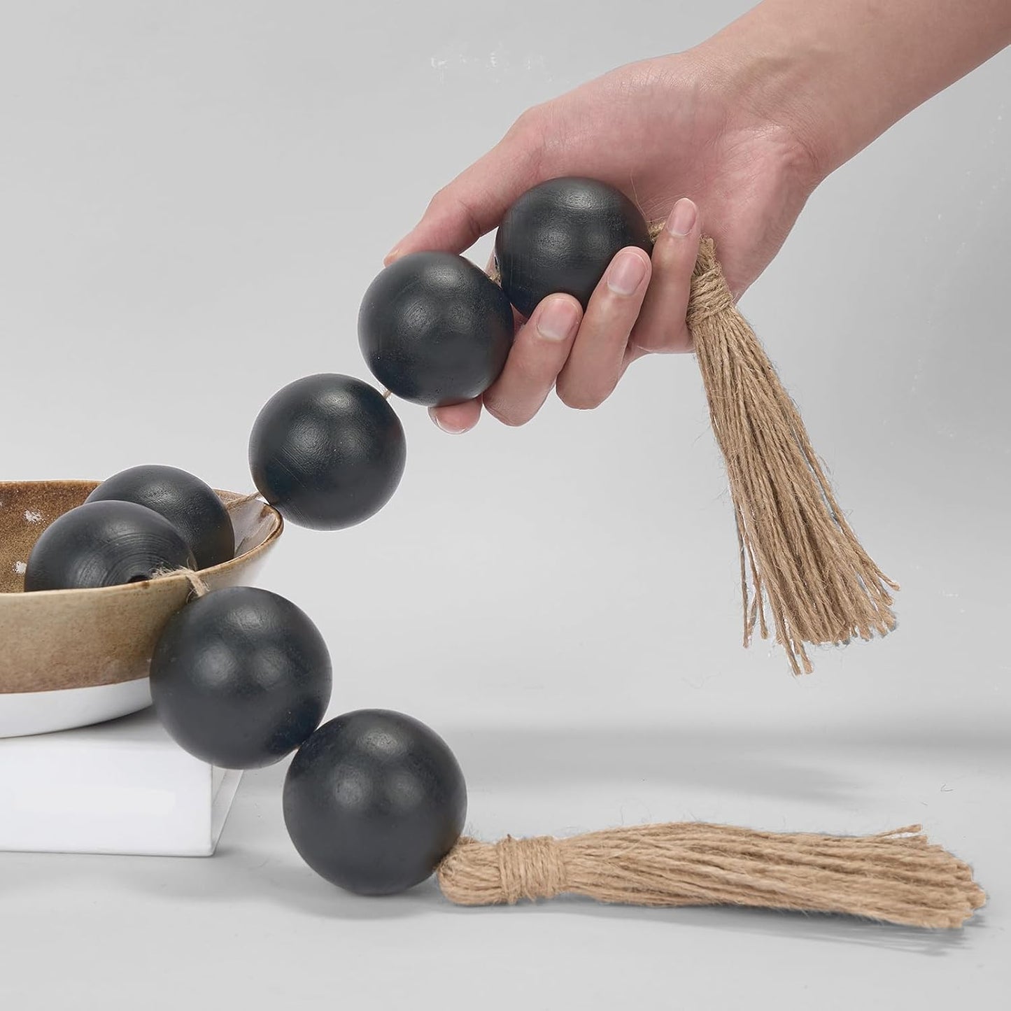 OMISHE Extra Large Wood Bead Garland with 2" Diameter Wooden Beads, 25.5" Long Rustic Farmhouse Decorative Wooden Beads Garland with Tassels, Boho Decorations for Home Table Mantle, Black