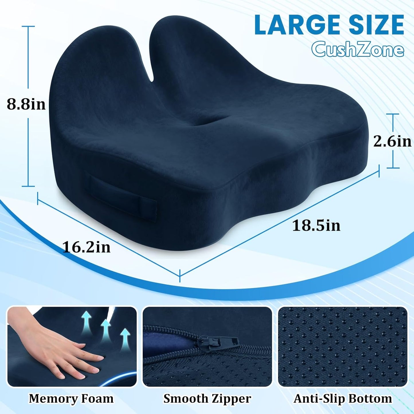 CushZone Seat Cushion, Ergonomic Memory Foam Seat Cushions for Office Chairs, Car, Long Trip, Desk Chair, Lab, Extra Large Size for Sciatica & Hip & Tailbone Pain Relief, Sciatica Support (Black)