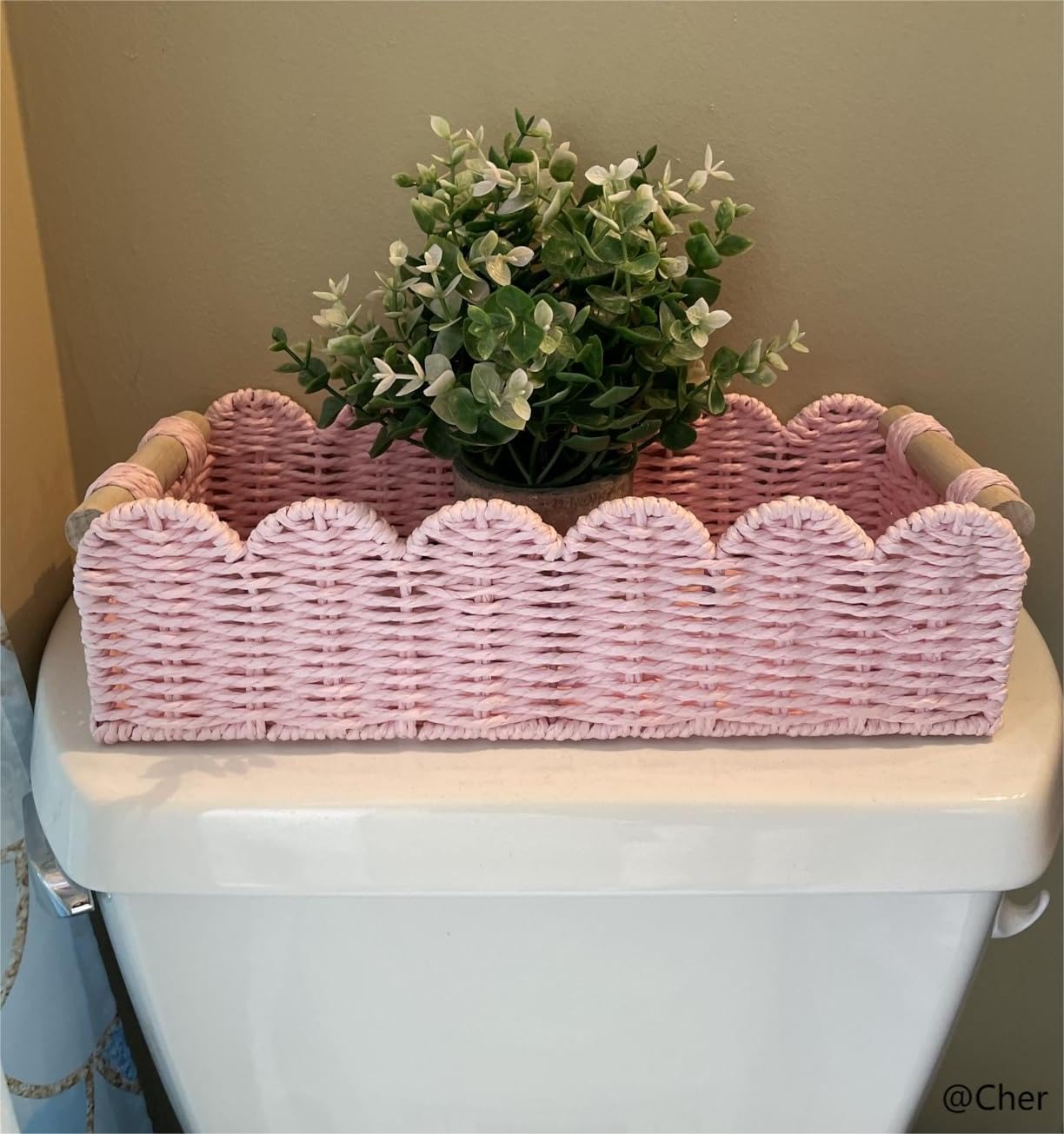 CubesLand Paper Rope Scalloped Edge Toilet Paper Storage Basket, Small Living Room, Bedroom Decor Baskets for Over Toilet Storage Shelf, End Table, Shelves and More, with 2 Wooden Handle, Neutral