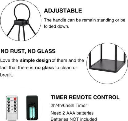 Perfnique Modern Farmhouse Lantern Decor, 15'' 13'' Set of 2 Black Metal Lantern, 2 LED 6hr Timer Flameless Candles ＆ Remote Timer, Lanterns Decorative for Outdoor, Home, Indoor, Patio, Christmas