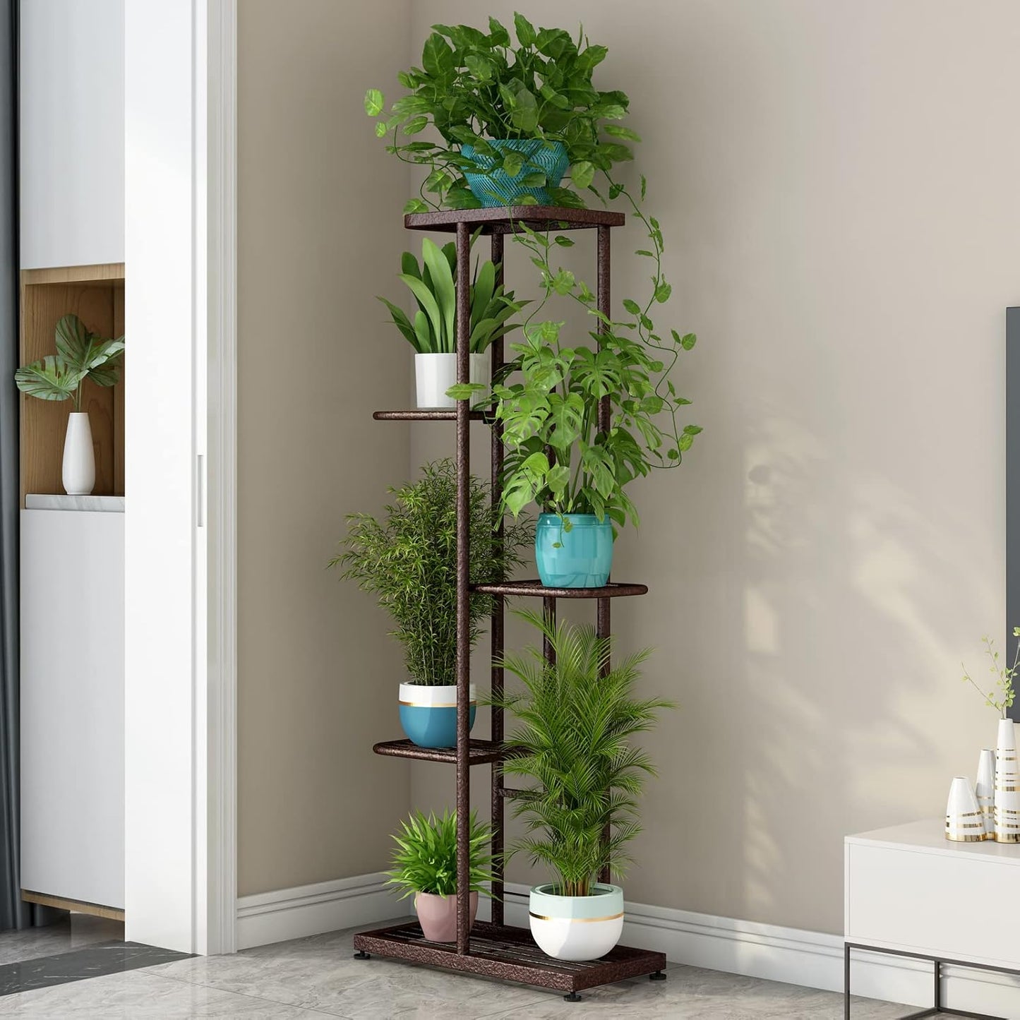 LINZINAR Plant Stand Indoor Outdoor Corner 4 Tier Metal Plant Shelf Patio Plant Rack for Garden Corner Balcony Living Room