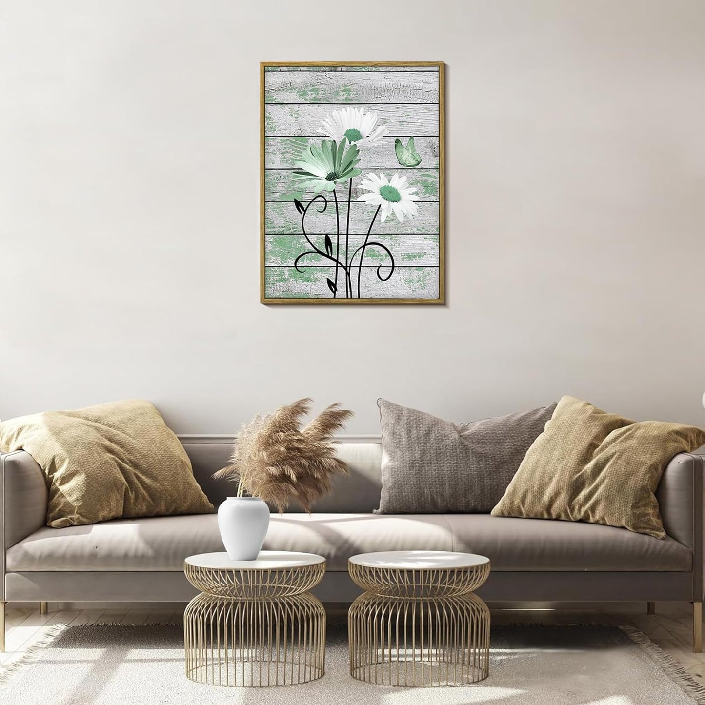 HVEST Farmhouse Floral Wall Art for Living Room, Blue and White Daisy Flower and Butterfly on Rustic Wood Board Canvas Wall Art Framed Artwork Ready to Hang for Bathroom Bedroom Decor, 16L X 12W
