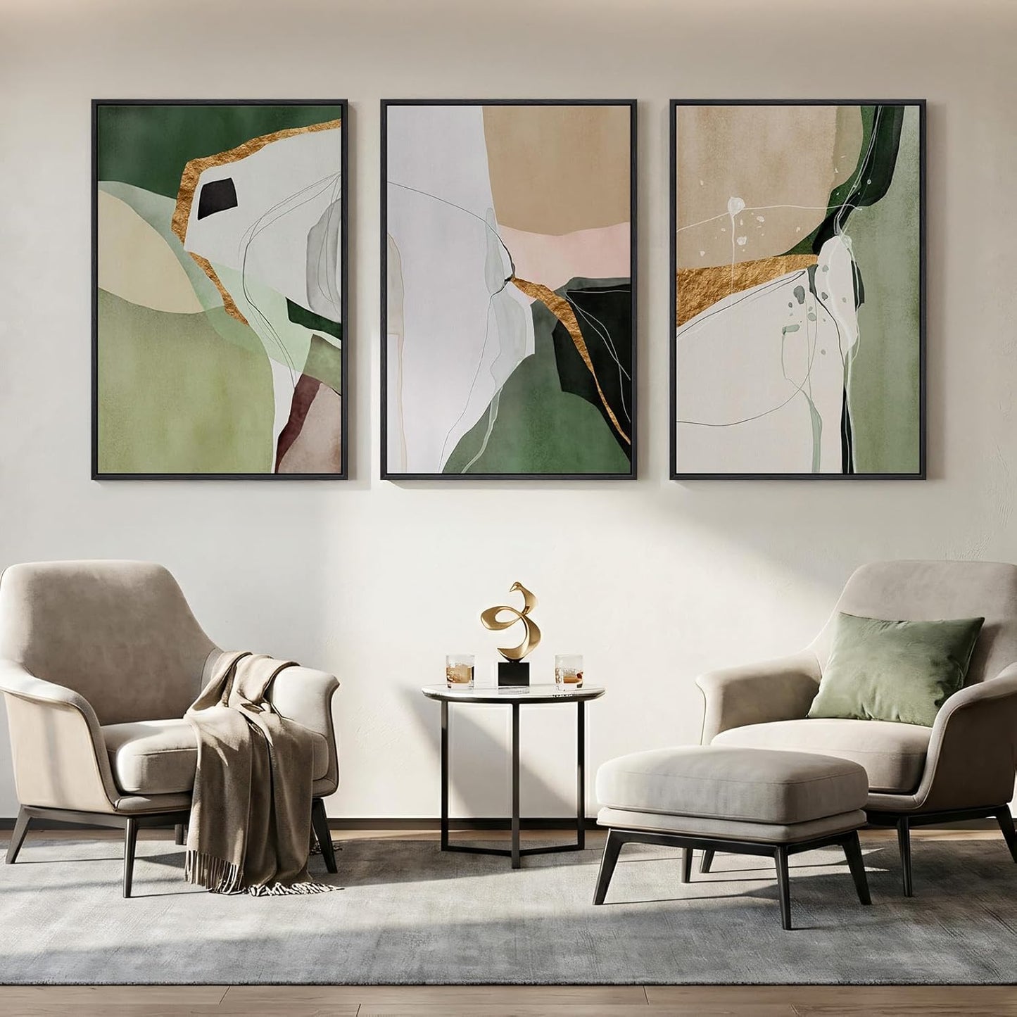 Large Framed Abstract Nature Landscape Wall Art for Living Room, Set of 3 Modern Canvas Prints Paintings Artwork for Walls, Green Lake Pictures for Hallway, Dining Room, Office Wall Decor 24x36 Inch
