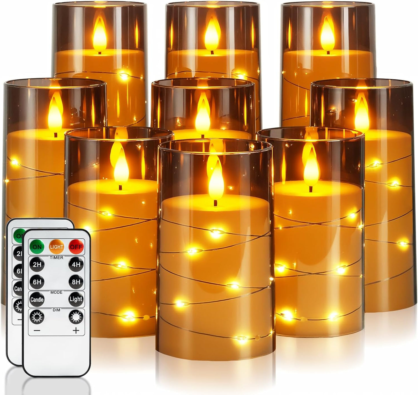 Homemory Flameless Candles with Embedded Star String Fairy Lights, Battery Operated Candles, LED Candle, Fake Candles with Remote Control and Timer for Halloween, Gray Acrylic, Set of 5(H4"5"6"8"8")