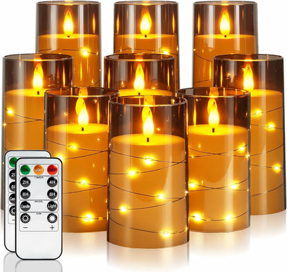 Homemory Flameless Candles with Embedded Star String Fairy Lights, Battery Operated Candles, LED Candle, Fake Candles with Remote Control and Timer for Halloween, Gray Acrylic, Set of 5(H4"5"6"8"8")
