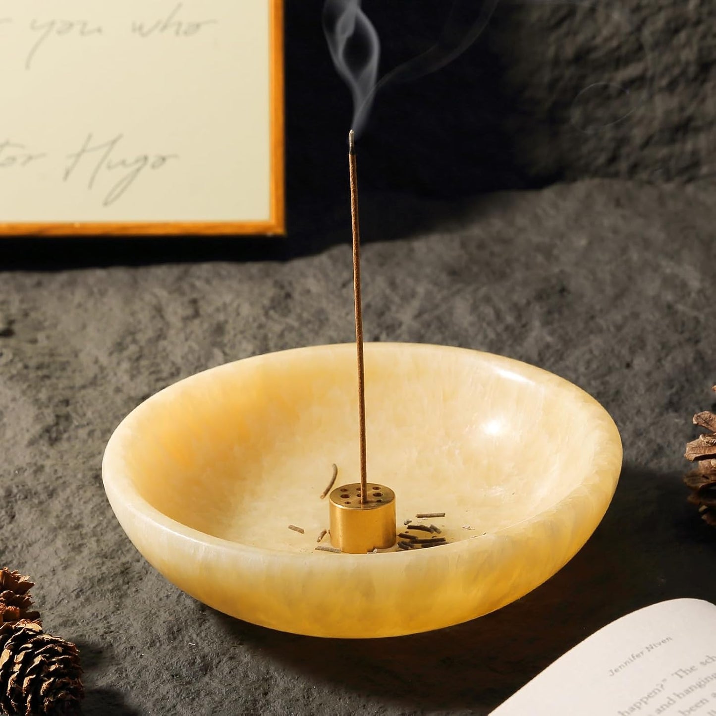 Koville Natural Marble Incense Holder, Incense Holder for Sticks with 9 Holes, Handmade Incense Burner Ash Catcher for Meditation Yoga SPA, Balsam Fir/Palo Santo/Sage/Cone (Green)