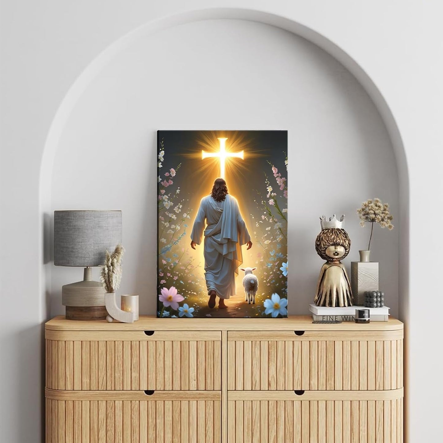 Abstract Jesus Walking on Water Canvas Wall Art Christian Spiritual Wall Decor Pictures Divine Light Modern Religious Posters Prints for Living Room Bedroom Church Decoration 12x16in