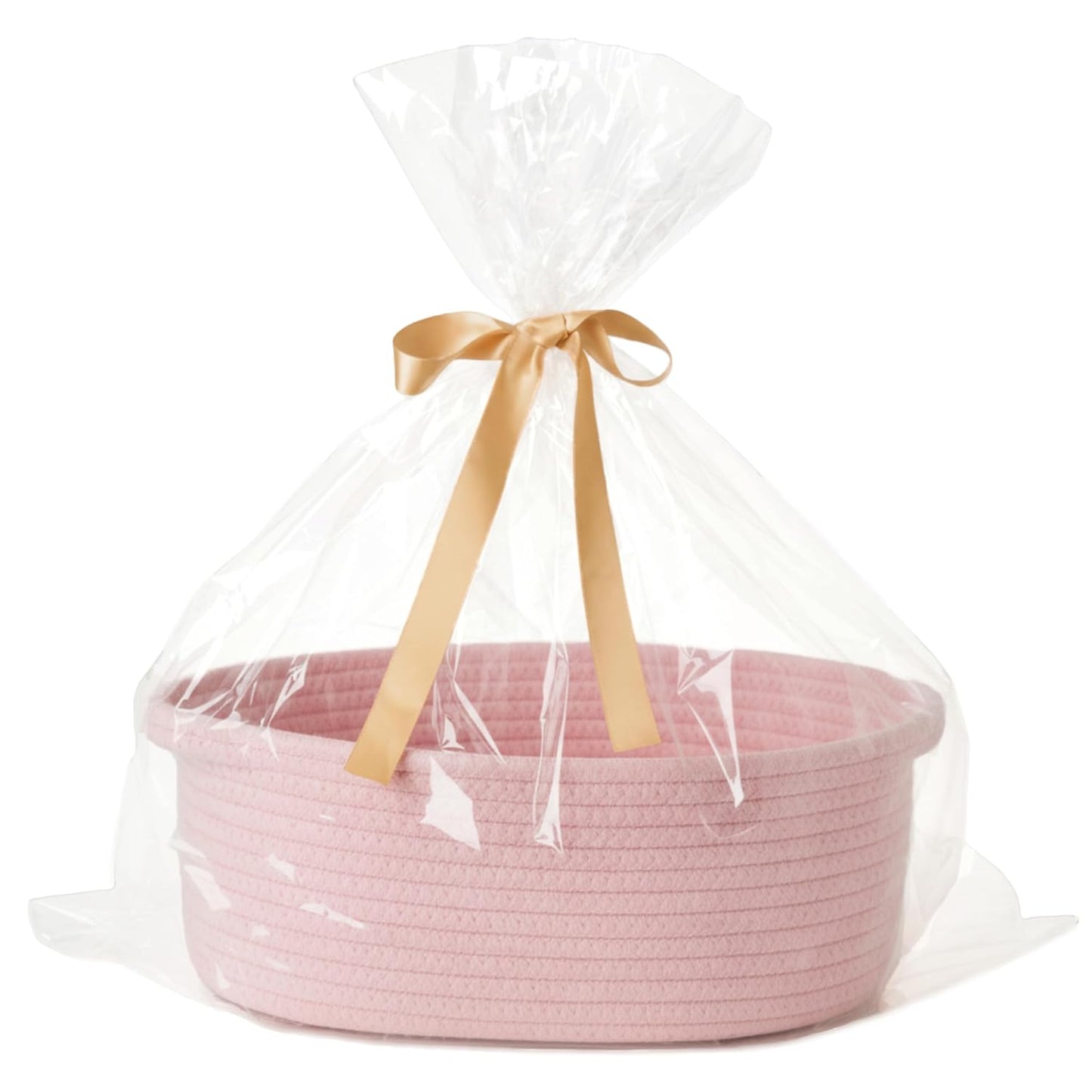 Small Woven Gift Basket Empty with Bag & Ribbon - Gifts for Mom, Baby Shower, Birthdays & Raffle - Cotton Rope Storage Basket for Dog Toys or Shelf - 12"x8"x5", White