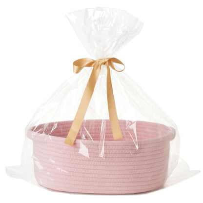 Small Woven Gift Basket Empty with Bag & Ribbon - Gifts for Mom, Baby Shower, Birthdays & Raffle - Cotton Rope Storage Basket for Dog Toys or Shelf - 12"x8"x5", White