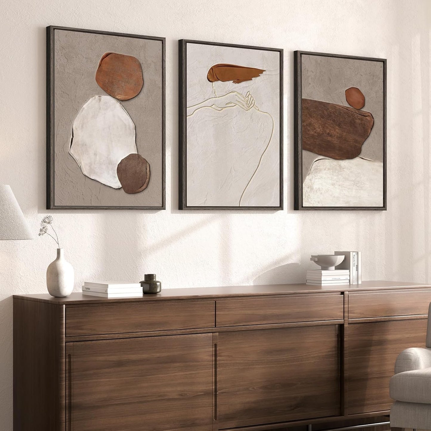 Large Framed Neutral Abstract Wall Art for Living Room, 3 Piece Modern Canvas Prints Paintings Artwork for Walls, Black and Beige Pictures for Living Room Hallway Stair Office Wall Decor 24x36 Inch