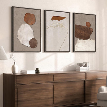 Large Framed Neutral Abstract Wall Art for Living Room, 3 Piece Modern Canvas Prints Paintings Artwork for Walls, Black and Beige Pictures for Living Room Hallway Stair Office Wall Decor 24x36 Inch