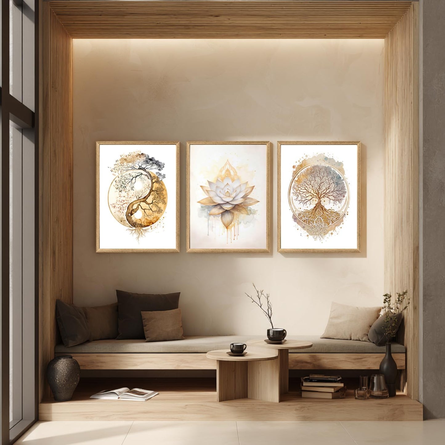 GELDSTEI Calm Zen Botanical Canvas Wall Art, White Lotus Blooming on Stones in Water Aesthetic Pictures, Yoga Spa Meditation Room Decor, Modern Spiritual Poster Prints for Zen Office Framed Set of 3, Each 12x16 Inch