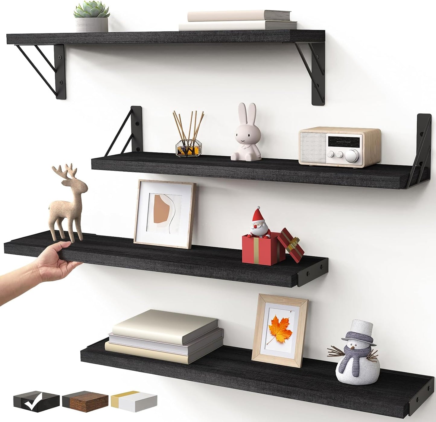BAYKA Wall Mounted Floating Bathroom Shelves, Wood Wall Shelf for Bathroom Essentials & Decor, Space-Saving Display & Organizer (Black, Set of 4)