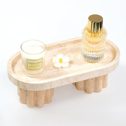 Marble Perfume Tray with Legs - Oval Decorative Stone Pedestal for Bathroom Vanity Coffee Table Kitchen Countertop, Footed Jewelry Candle Organizers Catchall Plate Riser with Scalloped Feet
