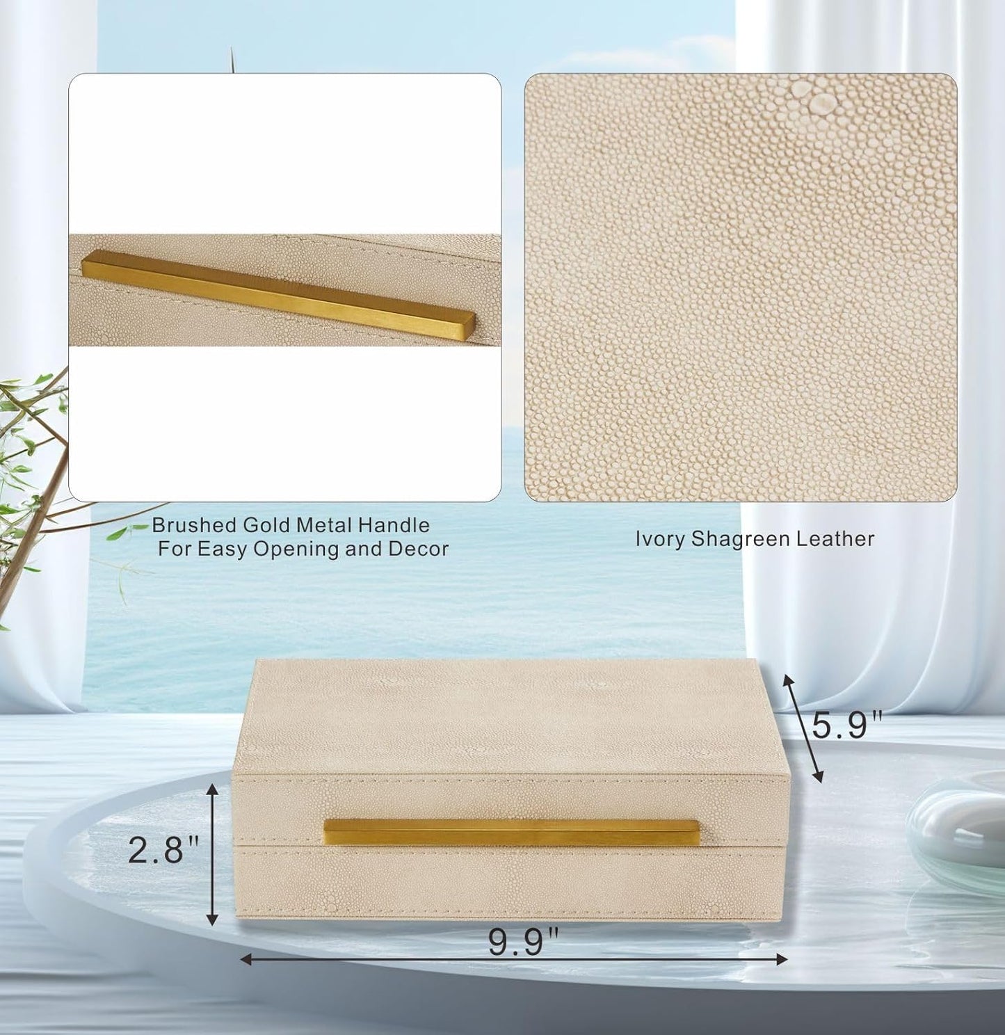 Sagala Set of 2 Ivory Shagreen Decorative Boxes With Brushed Gold Metal Handles, Faux Leather Jewelry Boxes Modern Storages Photo Memory Boxes Home Organizer Boxes (Ivory-Gold, 2pack)
