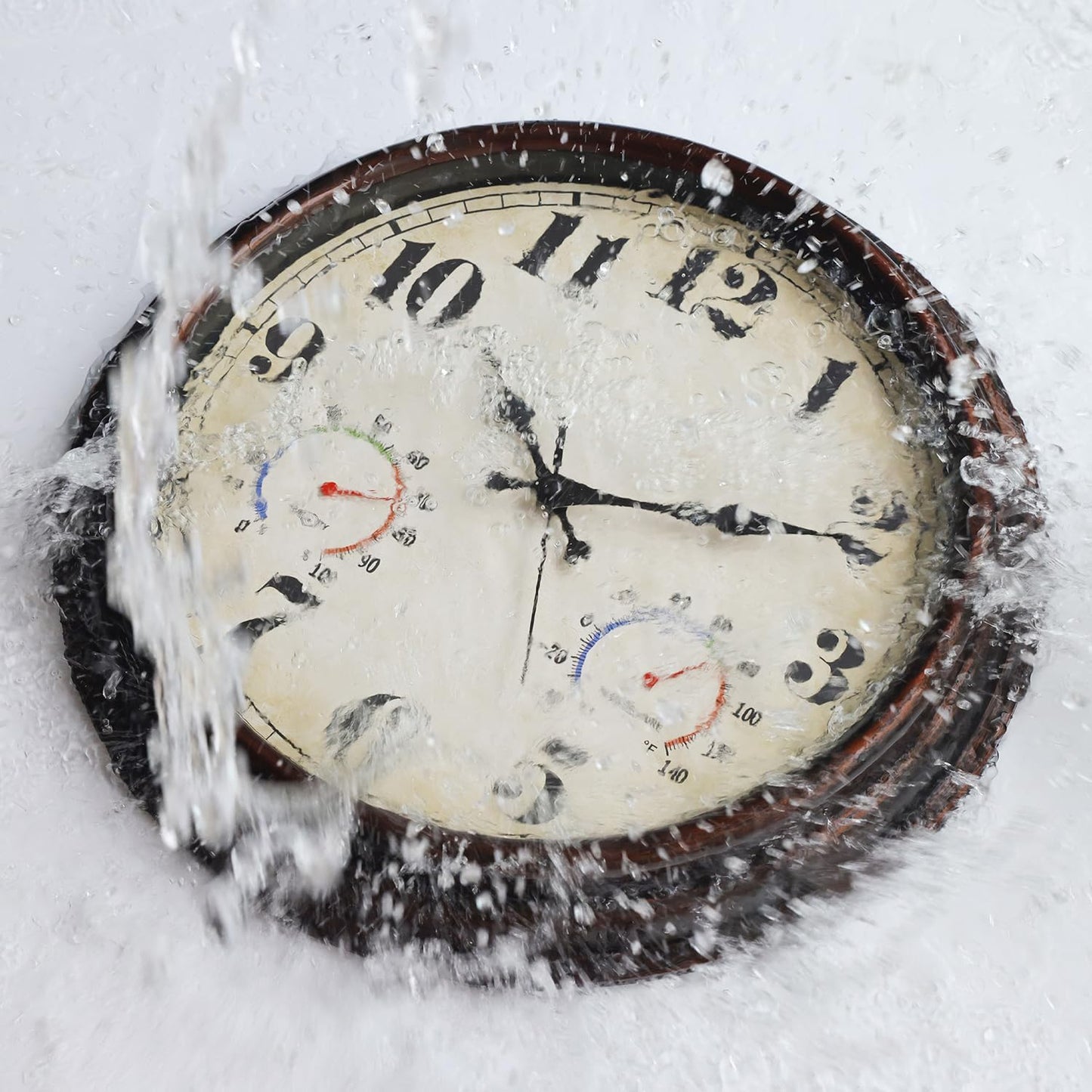 JENLYSTIME 12 Inch Indoor/Outdoor Retro Waterproof Wall Clock with Thermometer Silent Round Quartz Battery Operated Easy to Read Decorative for Kitchen Patio,Bathroom,Deck,Porch,Pool(Blue)