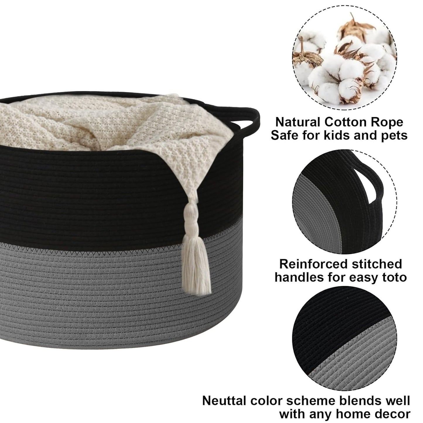 Large Woven Blanket Basket,65L Cotton Rope Laundry Basket Hamper with Handles, Decorative Nursery Basket Storage Bin for Toys, Clothes Organizer, Living Room, Bedroom, Bathroom, White & Brown