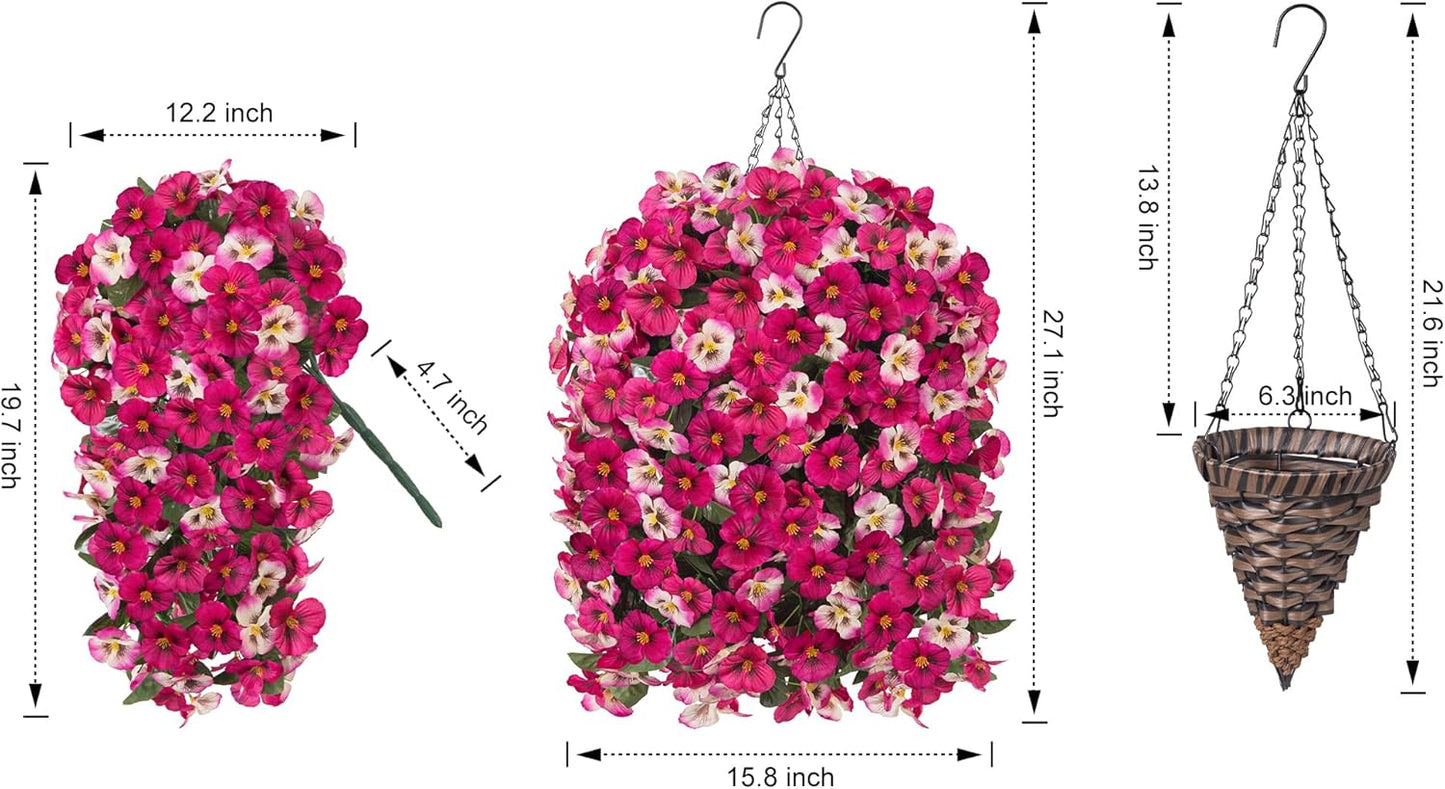 HyeFlora Artificial Flowers for Outdoors, 2pcs Faux Silk Pansies Flowers UV Resistant Fake Hanging Flower Plants for Outside Planters Porch Yard Patio Window Box (Mix Purple)