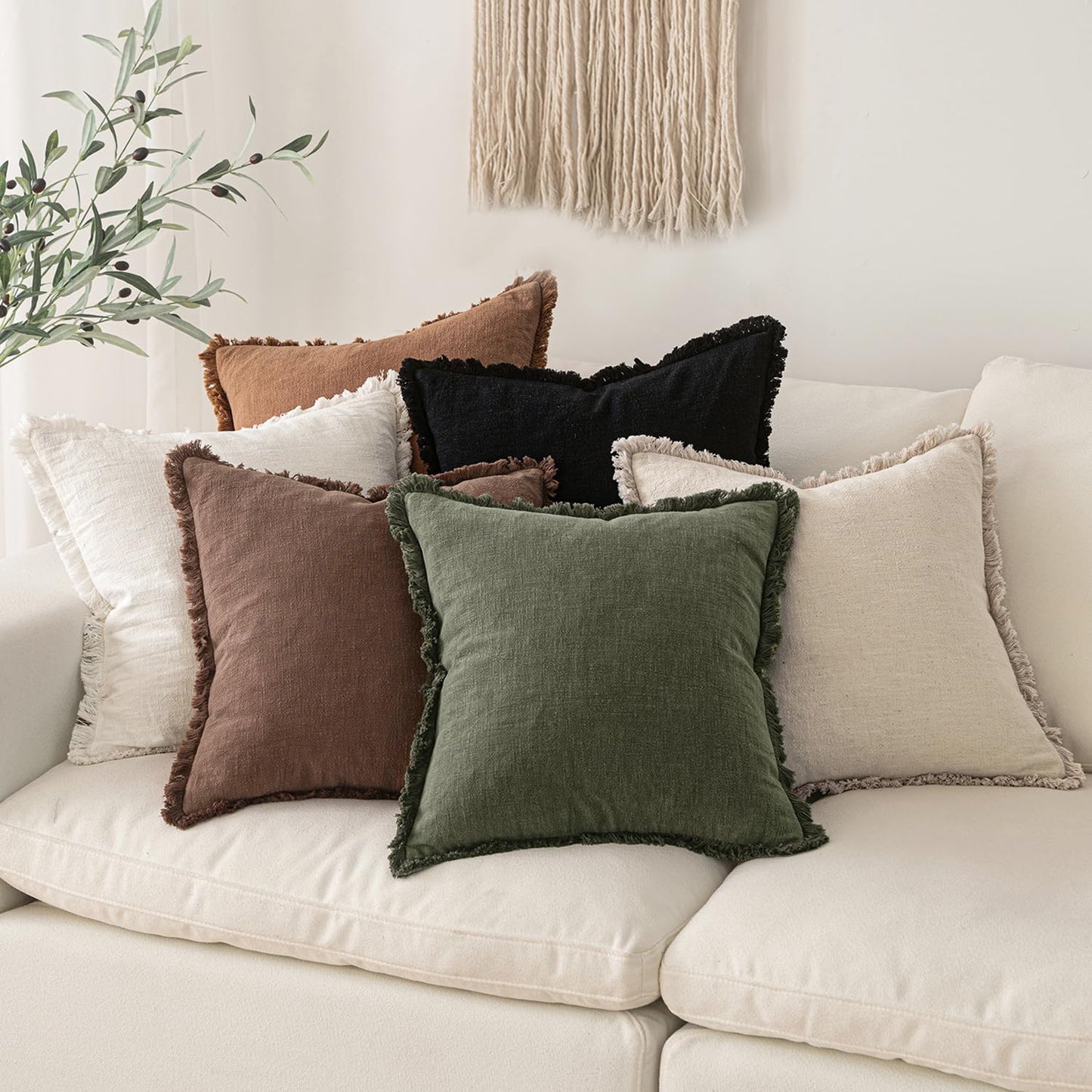 MIULEE Decorative Throw Pillow Covers Neutral Linen Fringe Throw Pillows Set of 2 Natural Beige Boho Farmhouse Cushion Covers with Tassels for Couch Sofa Bed Spring Home Decor 20x20 Inch