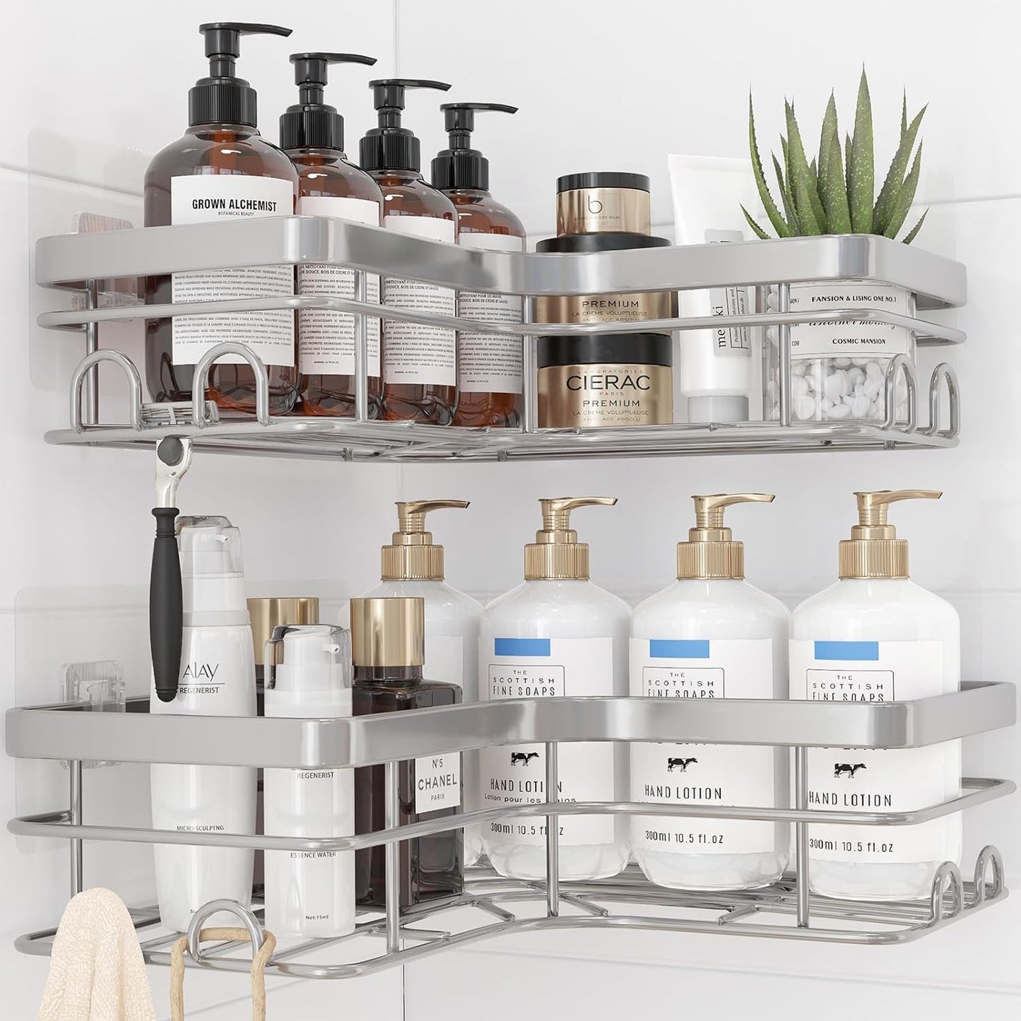 Sakugi Corner Shower Caddy - 2 Pack, Adhesive Shower Organizers, Rustproof Stainless Steel Shower Shelves with 8 Hooks, No Drilling Bathroom Organizers and Storage Racks, Space-Saving, Black, Medium