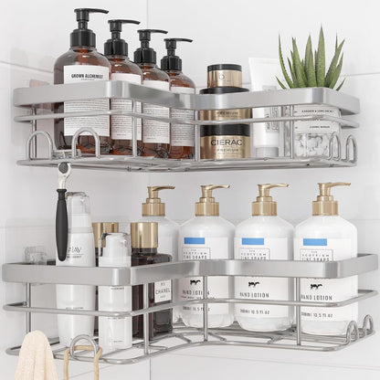 Sakugi Corner Shower Caddy - 2 Pack, Adhesive Shower Organizers, Rustproof Stainless Steel Shower Shelves with 8 Hooks, No Drilling Bathroom Organizers and Storage Racks, Space-Saving, Black, Medium