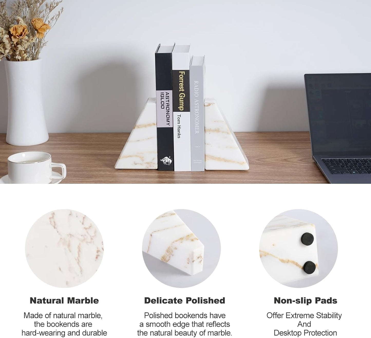 Karibiber Travertine Bookends for Heavy Books, Marble Decorative Bookends for Shelves, Heavy-Duty Stone Book Ends for Hardback Book & Cookbooks, Unique Book Stopper & Holder, Travertino Italy