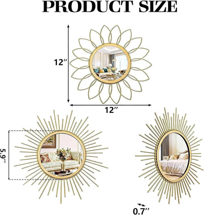 Boho Sunburst Wall Mirror Set of 3, 12 Inch Round Antique & Modern Metal Wall Art, Hanging Over The Door Mirrors for Wall Decor in Living Room, Bedroom, Bathroom, Entryway（Gold）